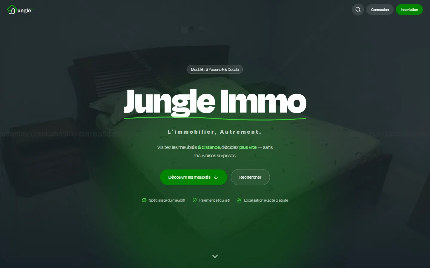Home page of jungle.immo showing the hero and the furnished-rental search entry points