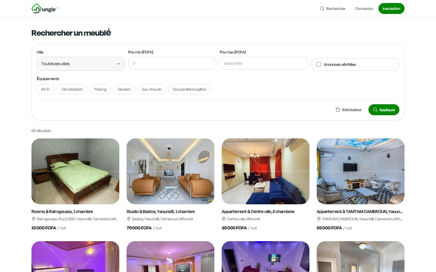 Search page with city, price and amenity filters and a grid of furnished-rental results