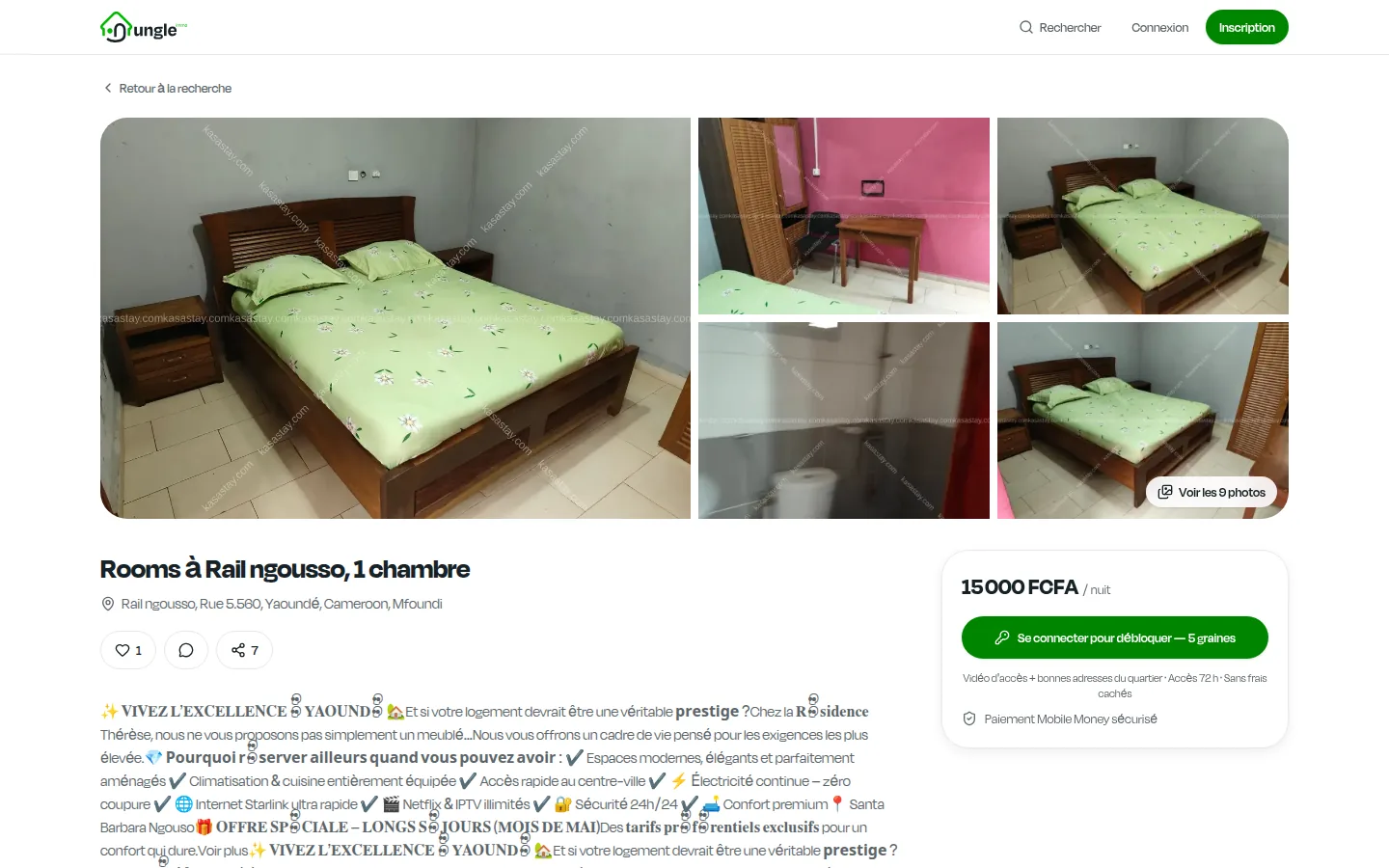 Listing detail page with photos, amenities and the token-based unlock panel