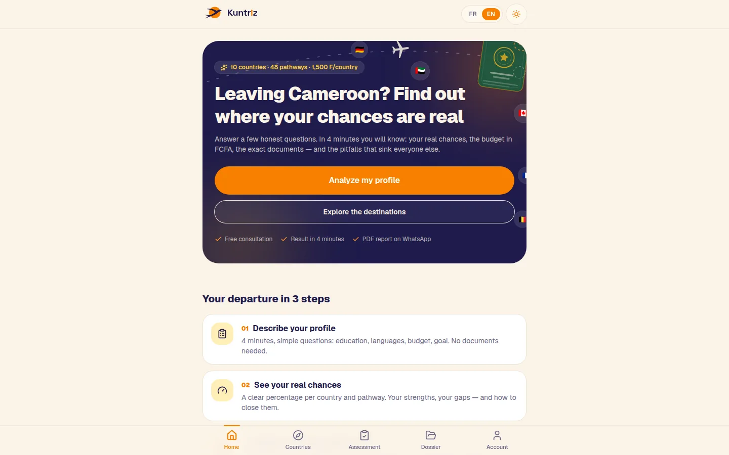 Kuntriz home page: an eligibility check for Cameroonians leaving abroad, covering 10 countries and 48 pathways