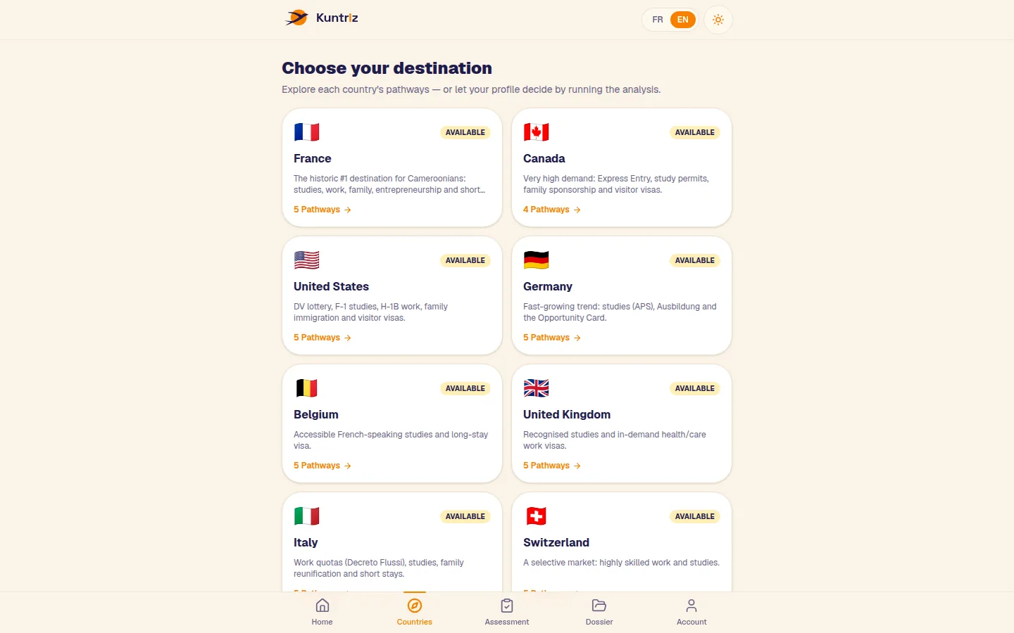 Country listing with the 10 supported destinations (France, Canada, United States, Germany, Belgium, United Kingdom, Italy, Switzerland and more)