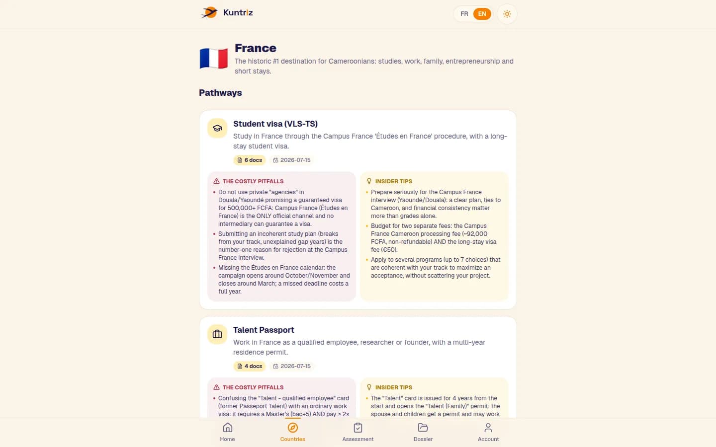 France country detail page listing pathways such as the student visa and Talent Passport, with costly pitfalls and insider tips for each