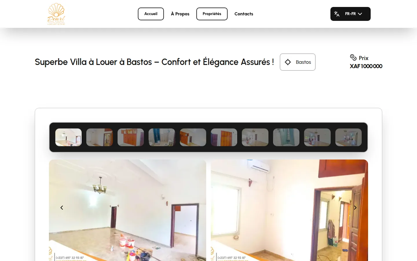 Pearl Real Estate property detail page for a villa in Bastos, with photo gallery and price