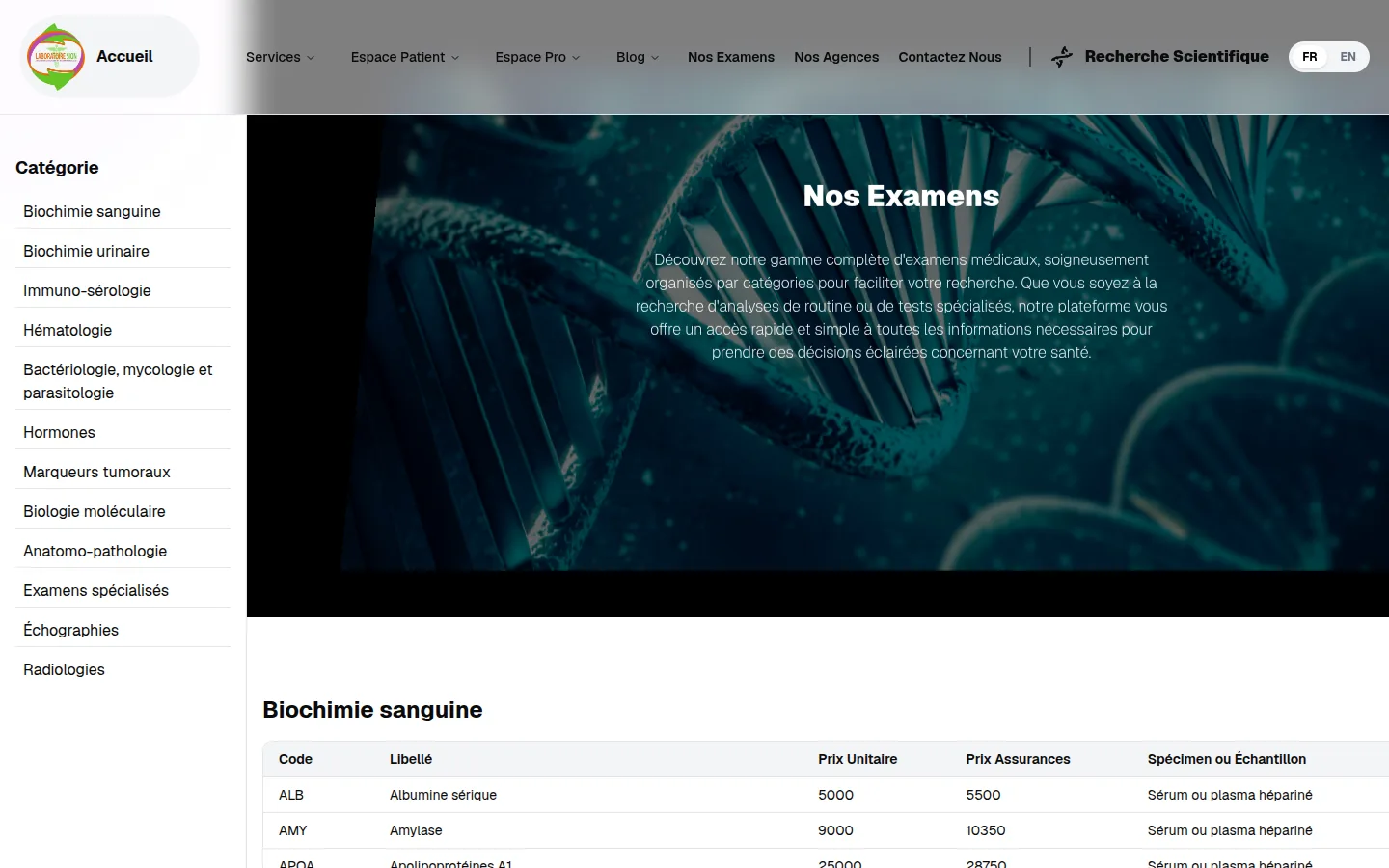 Laboratoires SION public website exam catalogue with pricing