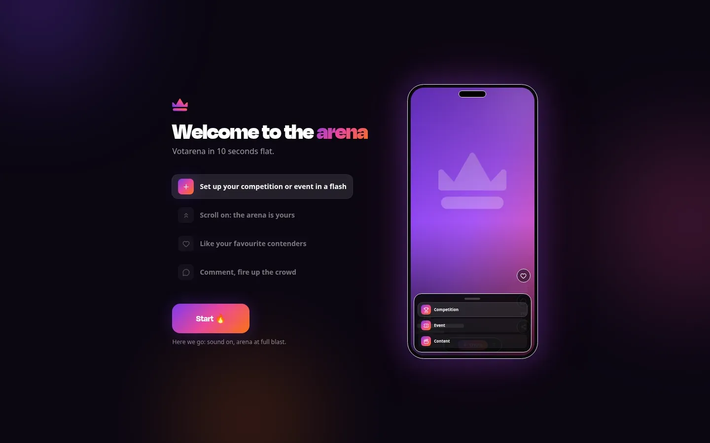 VotArena home screen: crown logo, animated phone mockup and the "Start" call to action