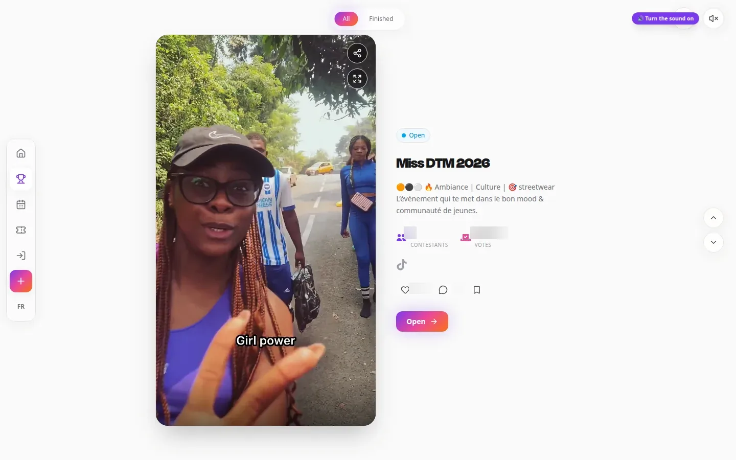 VotArena competitions feed: a paid-vote competition with its vote and engagement counters (figures blurred)