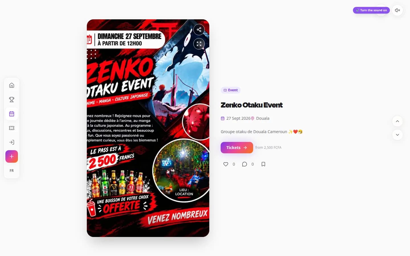 VotArena events feed: an event card with date, venue and ticket price