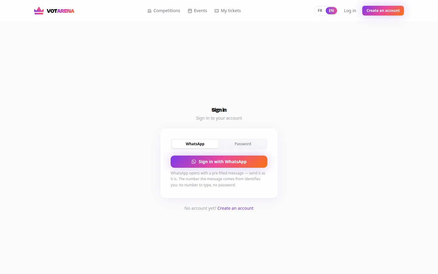VotArena sign-in screen: WhatsApp one-tap sign-in as an alternative to a password