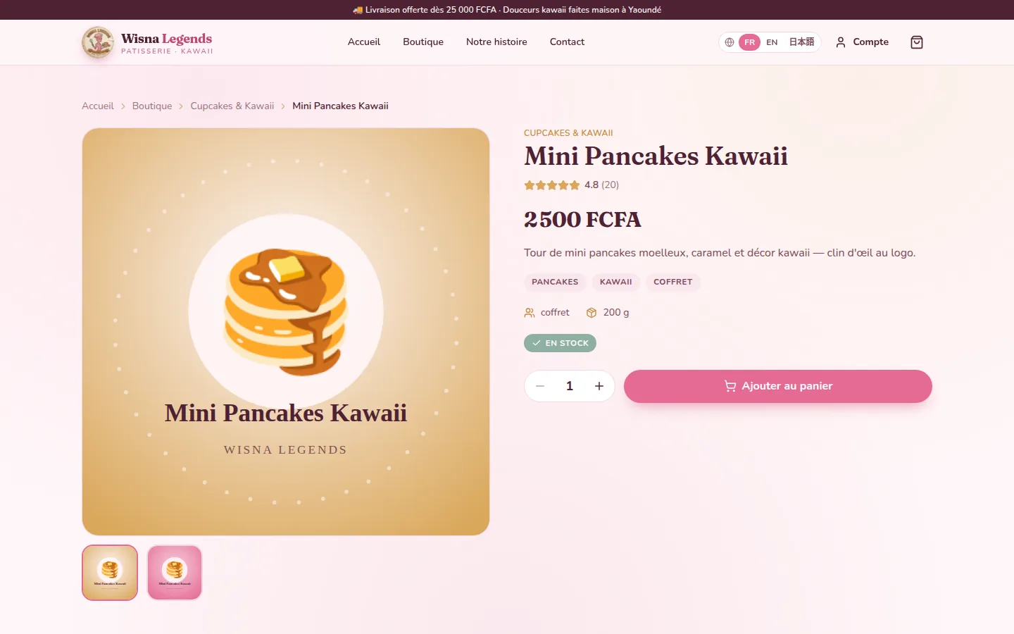 Mini Pancakes Kawaii product page with price and add-to-cart button